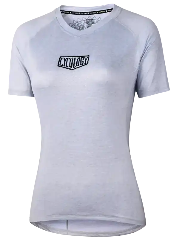 Light gray women's cycling jersey with 'CYCOLOGY' logo, short sleeves, V-neck, performance fabric
