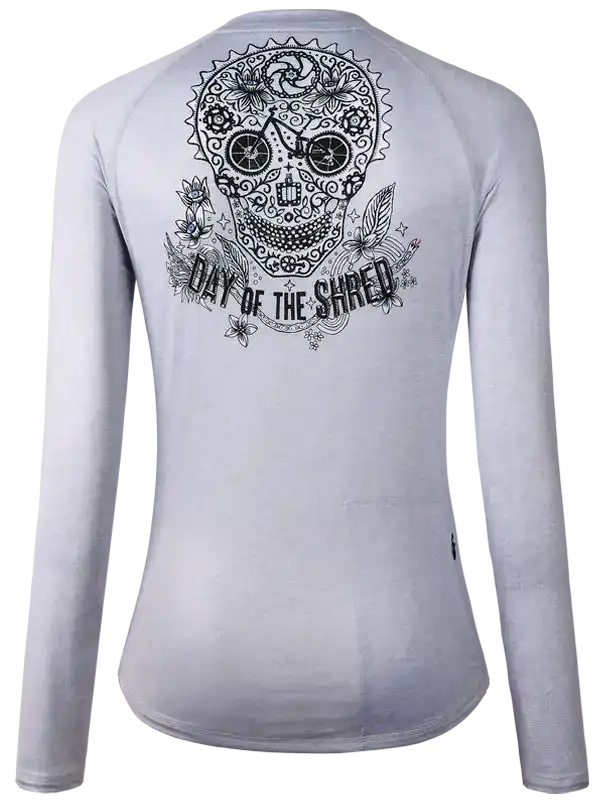 Gray cycling jersey with sugar skull design and 'Day of the Shred' text for men and women
