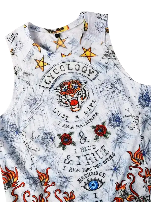 Men's graphic cycling tank top with tiger, stars, roses, and bold typography on white fabric