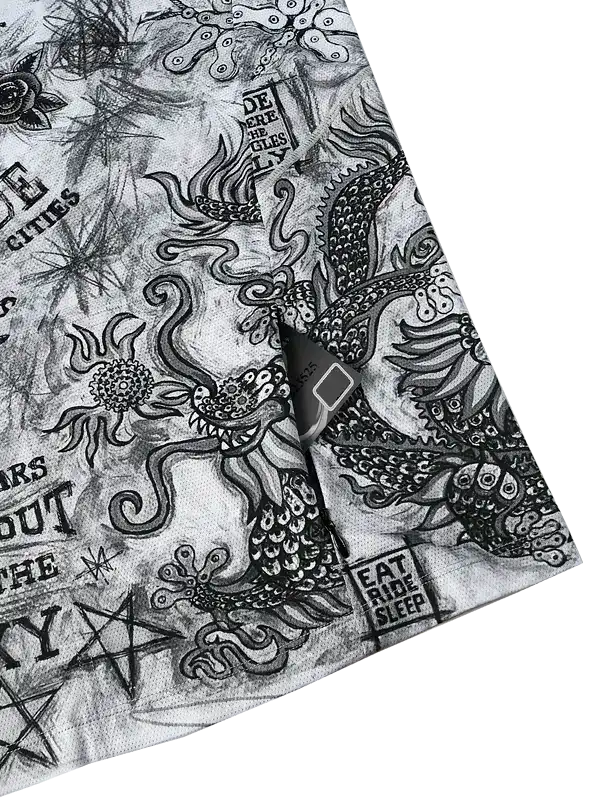 Men's cycling jersey with black dragon and tattoo-style graphics, featuring 'EAT RIDE SLEEP' text