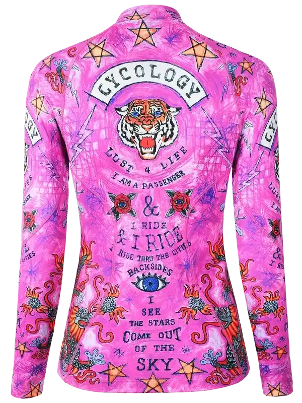 Pink cycling jersey with tiger, stars, roses, and bold graphics for women's bike wear