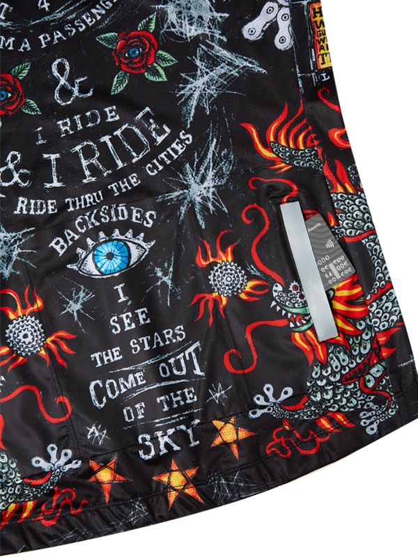 Black cycling jersey with colorful graphics and text, featuring a tiger and various designs with back pockets