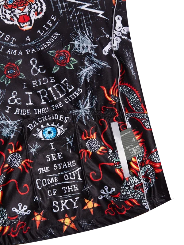 Men's cycling jersey with bold tiger, dragon, and rose graphics, featuring 'I Ride' text and starry design on black fabric.