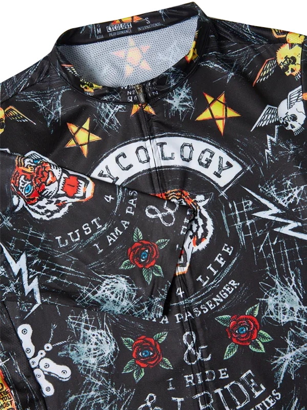 Men's cycling jersey with bold tattoo-style graphics, roses, skulls, and 'I RIDE' text on black fabric
