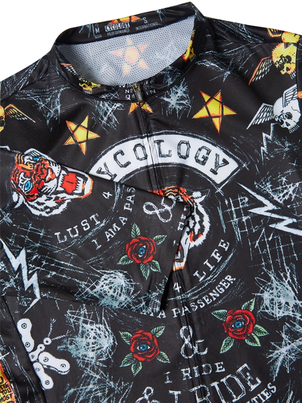 Black cycling jersey with colorful graphics and text, featuring a tiger and various designs.