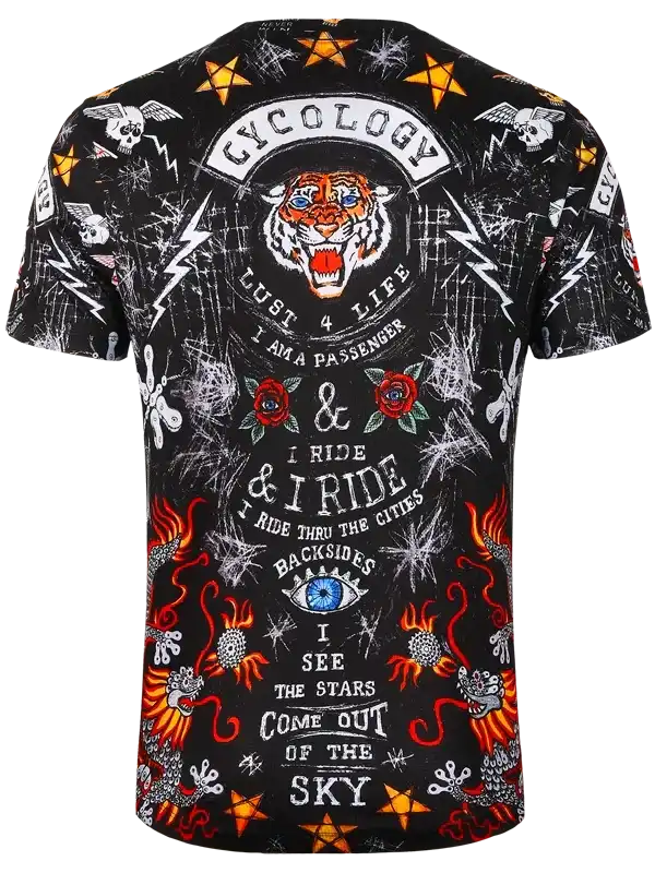 Black cycling jersey with tiger, skulls, roses, and bold graphics for men's and women's bike wear