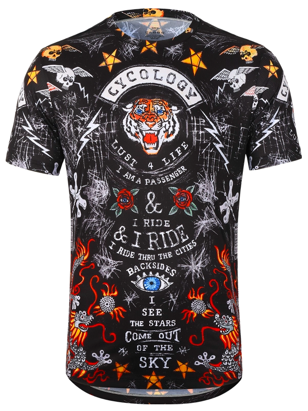 Men's Black Technical t-shirt with colorful graphic design featuring text and symbols 