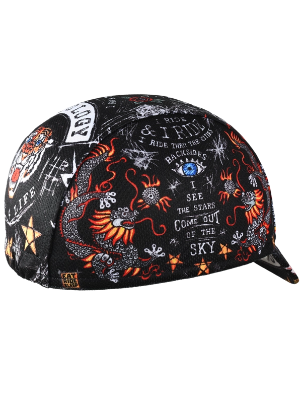Black cycling cap with colorful dragon design and text 