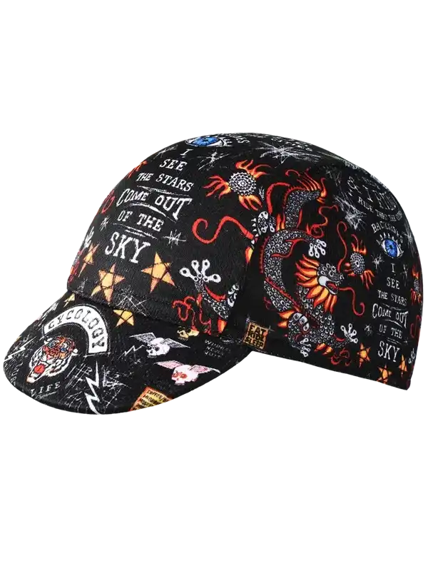 Black cycling cap with dragon, stars, and 'I See The Stars Come Out Of The Sky' print