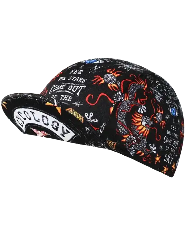 Black cycling cap with dragon and star print, bold text design for men and women riders