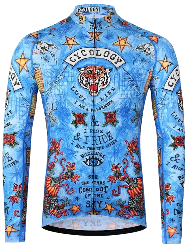 Blue long-sleeve cycling jersey with tiger, stars, roses, and tattoo-style graphics for men and women