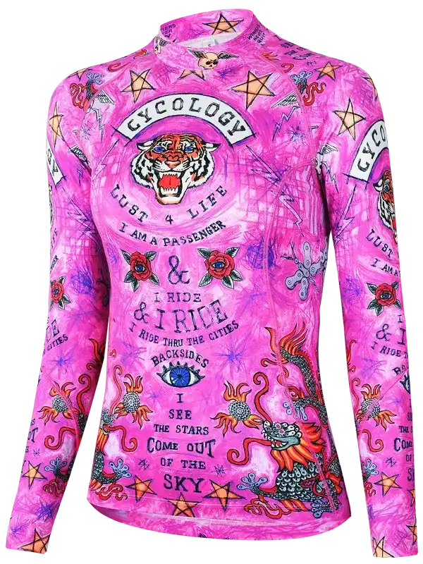 Vibrant pink cycling jersey with tiger, dragon, and star print, long sleeves, bold graphic design for women's bike wear