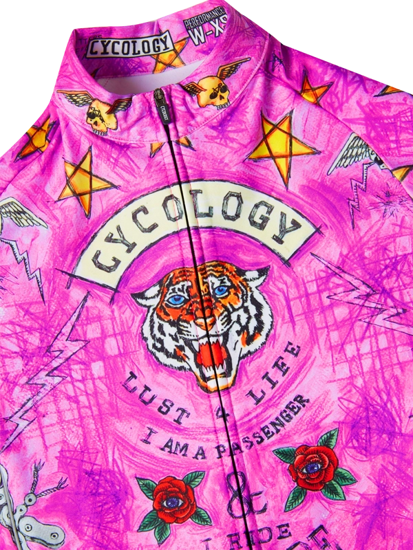 Cycology cycling jersey with pink background and various designs