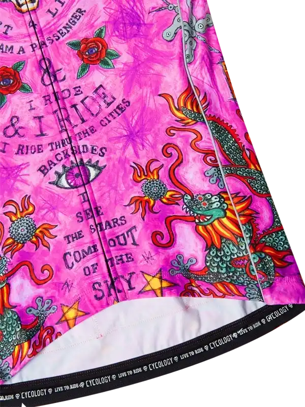 Vibrant pink cycling jersey with dragon, roses, and bold text design for men and women riders