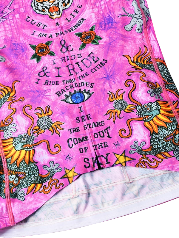 Pink Summer long sleeve cycling jersey with colorful designs and text