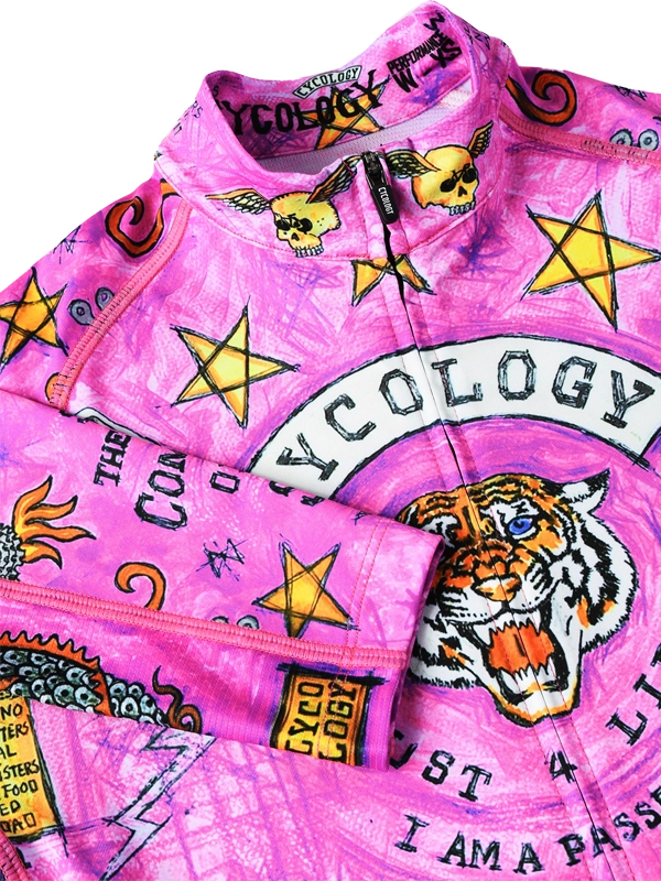 Pink  Summer long sleeve jersey with colorful graphics and text, featuring a tiger design and 'Cycology' branding. 