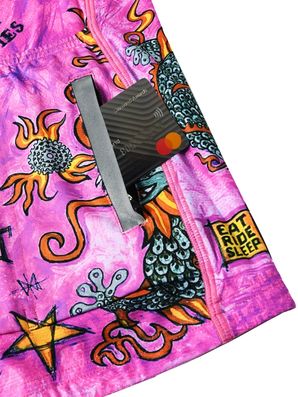 Pink Summer long sleeve cycling jersey with colorful designs and text back pockets