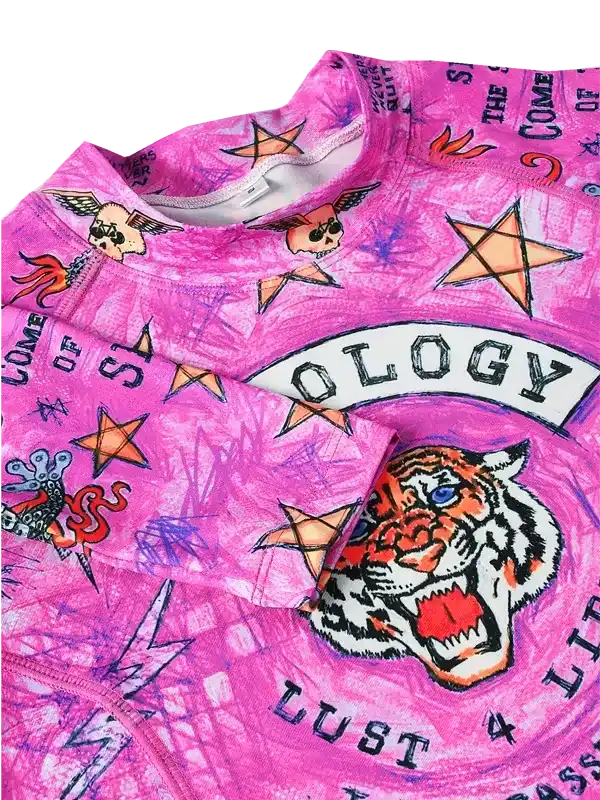 Pink cycling jersey with tiger, stars, and 'OLOGY' graphic design for men and women