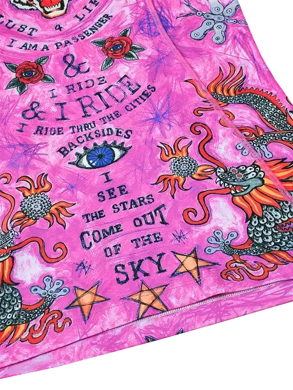 Vibrant pink cycling jersey with dragon, stars, and bold text design for men and women riders