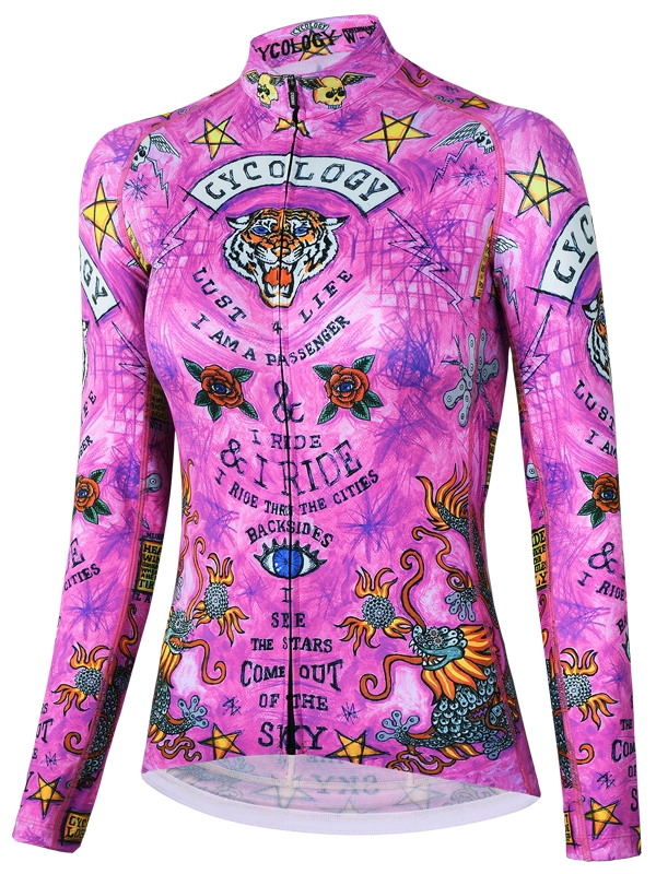 Women's Pink Summer long sleeve cycling jersey with colorful designs and text