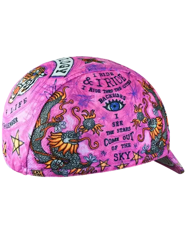 Pink cycling cap with dragon design, stars, and bold text for urban riders