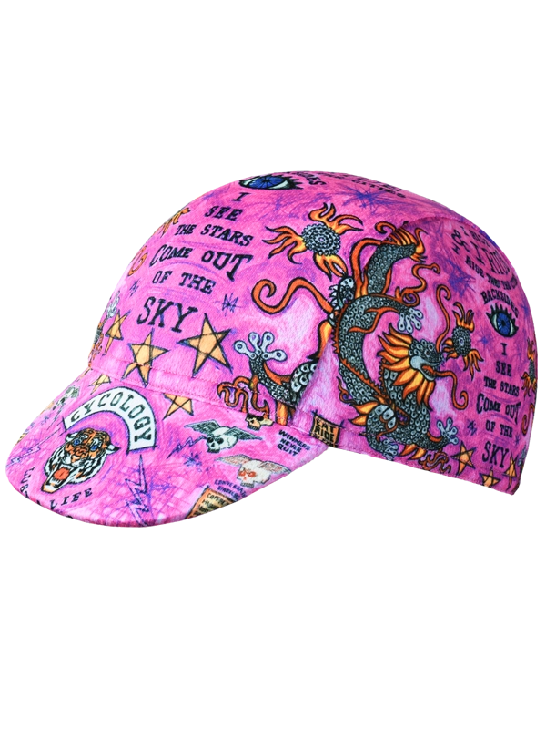 Pink cycling cap with colorful designs and text 