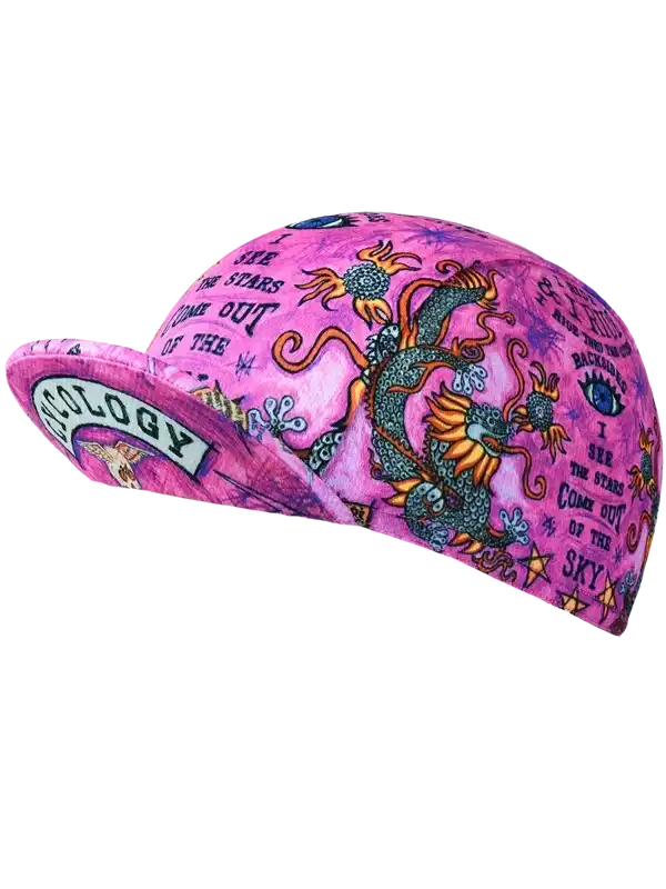 Pink cycling cap with dragon and starry sky print, ideal for bike rides and outdoor adventures.