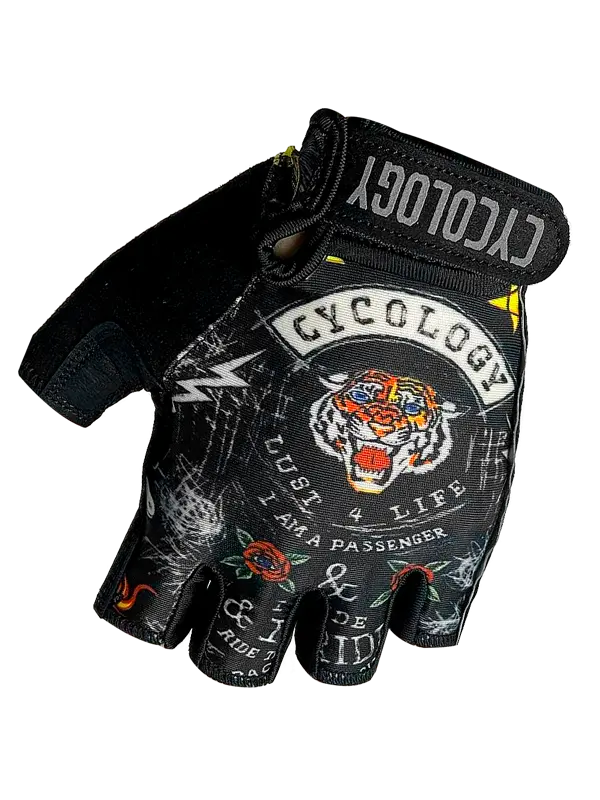 Gloves with a tiger design and 'Cycology' branding on a white background