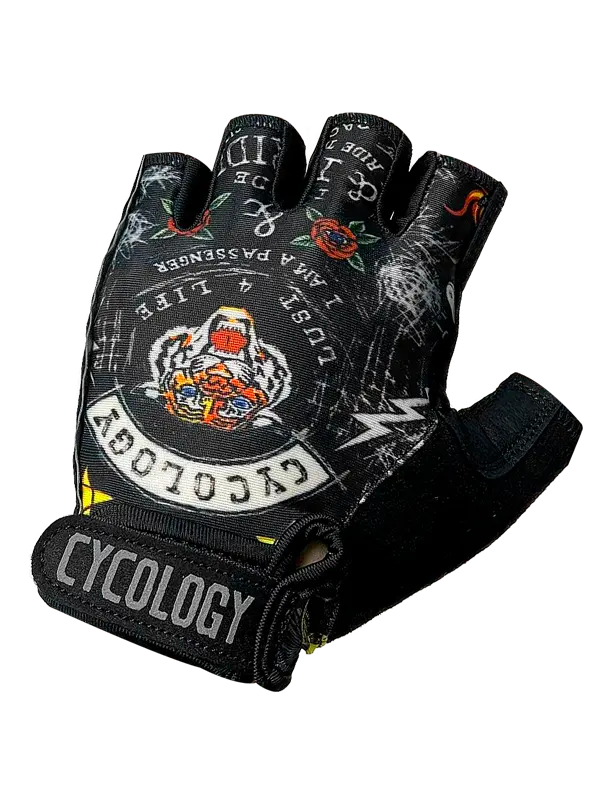 Black half-finger glove with graphic design and 'Cycology' branding on a white background