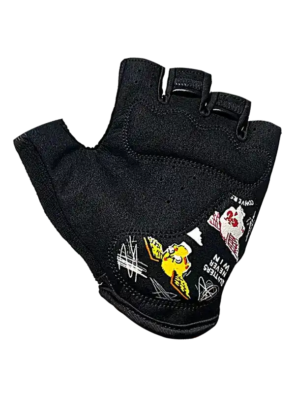 Black fingerless cycling glove with cartoon graphics, ideal for men's and women's bike rides