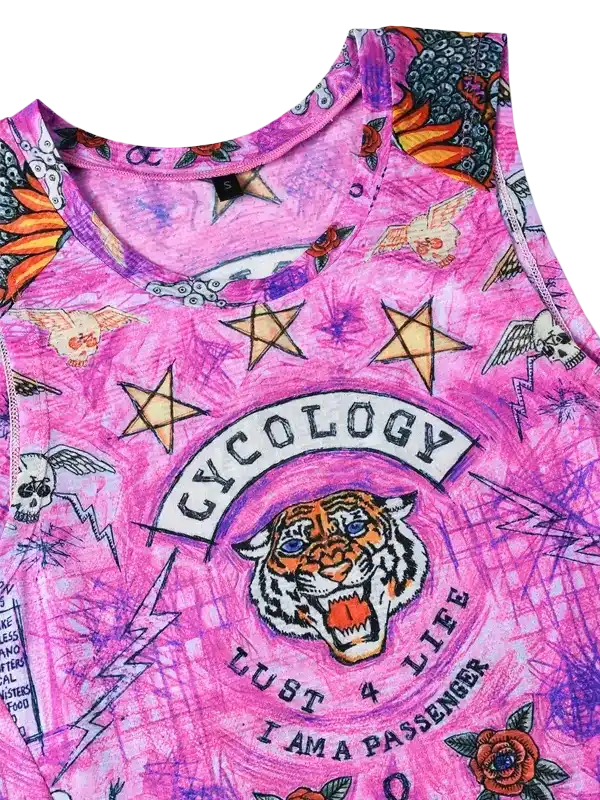 Pink cycling tank top with tiger, stars, skulls, and 'Cycology' graphic design for women's bike wear