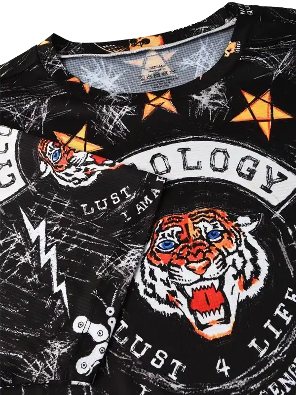 Black cycling jersey with fierce tiger graphic, stars, and bold text for men's and women's bike wear