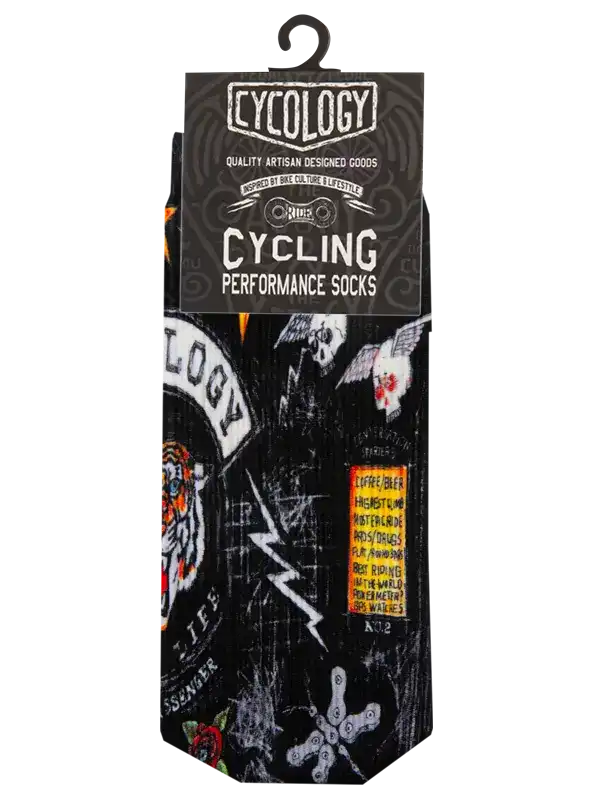 Cycling performance socks with bold graphic print, skull, tiger, and lightning design for bike riders