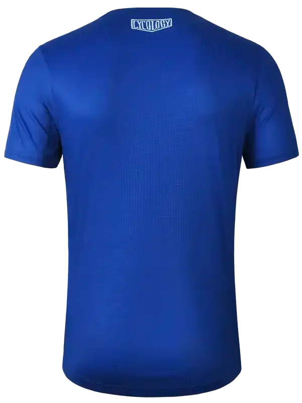 Blue men's cycling jersey with subtle texture and small logo at neckline, designed for performance and comfort.