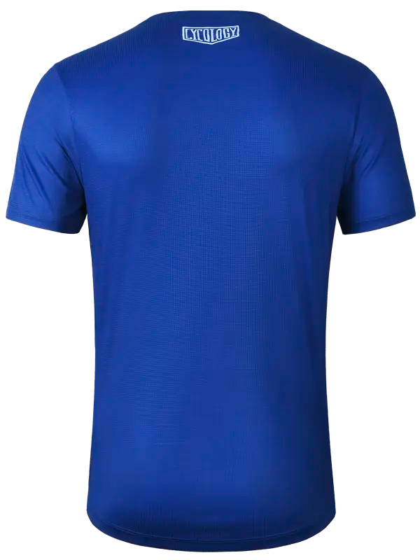 Blue t-shirt with a brand logo on the back