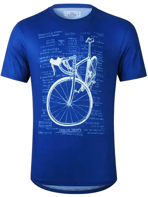 Blue cycling jersey with white bicycle blueprint design and cycling quotes for men and women
