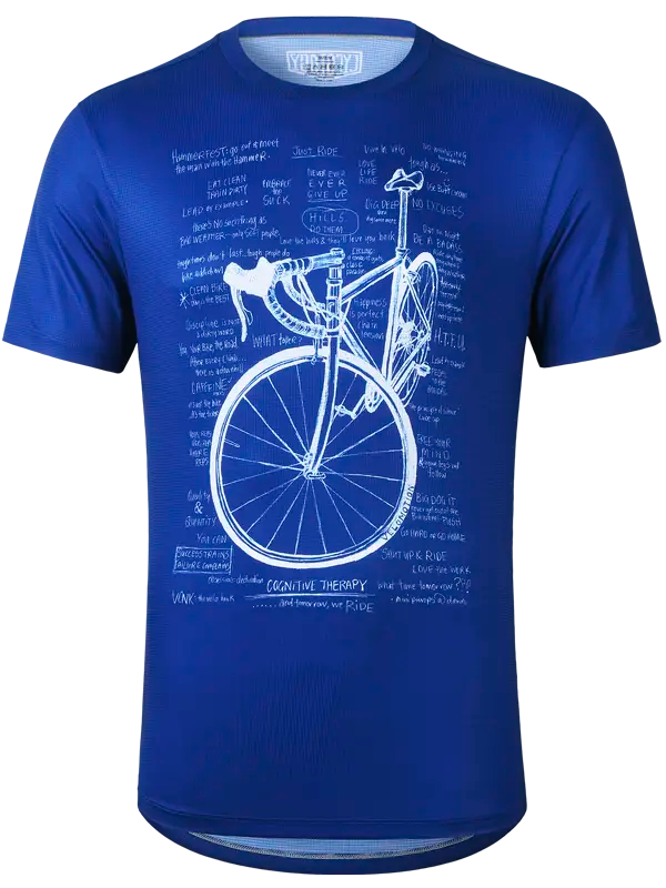 Blue t-shirt with a white bicycle design 