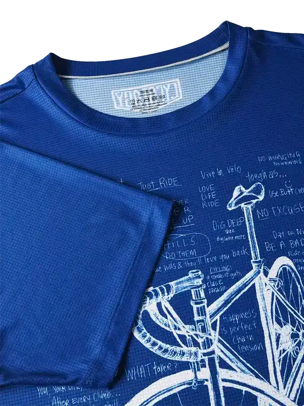 Blue cycling jersey with white bike sketch and motivational quotes, breathable fabric, men's or women's ride wear