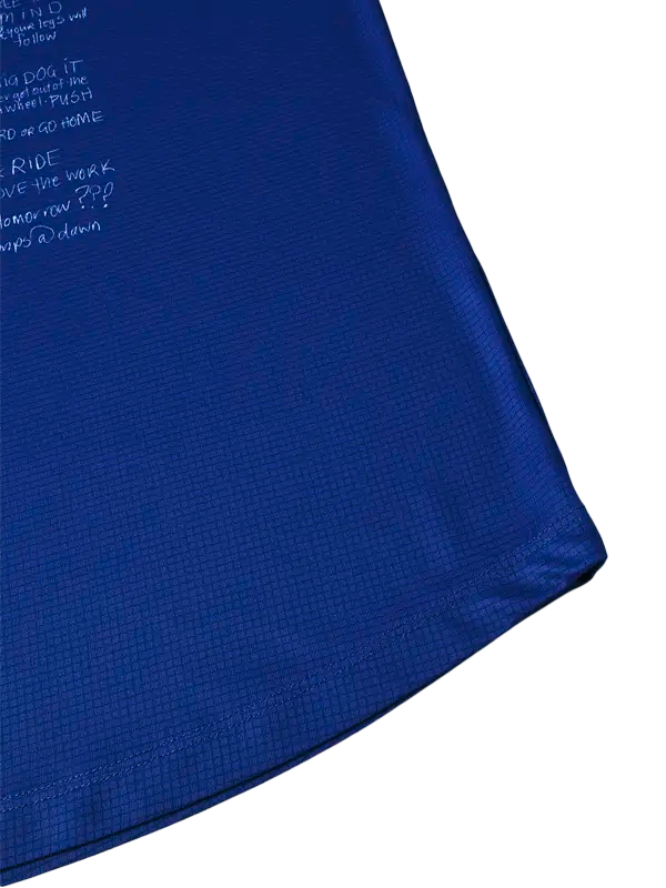 Blue fabric with text on a white background