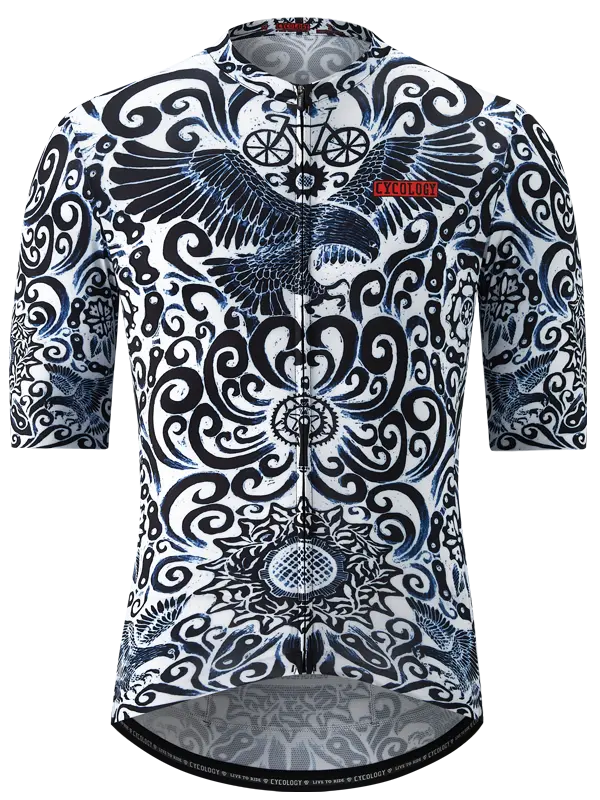 Cognoscenti  men's cycling jersey featuring a blue and white geometric pattern with an eagle design on the chest.