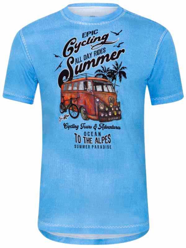 Blue men's cycling t-shirt with vintage van, palm trees, and 'Epic Cycling Summer' graphic design