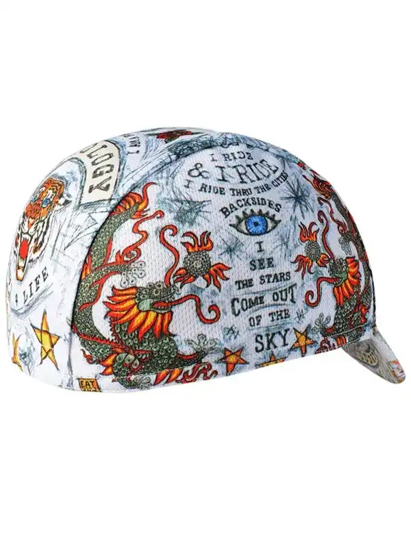Cycling cap with dragon and tattoo-style graphics, ideal for bike rides and outdoor adventures