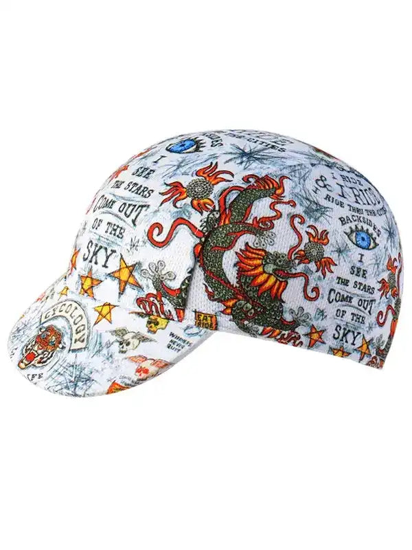 Cycling cap with dragon and star print, bold graphic design for bike riders