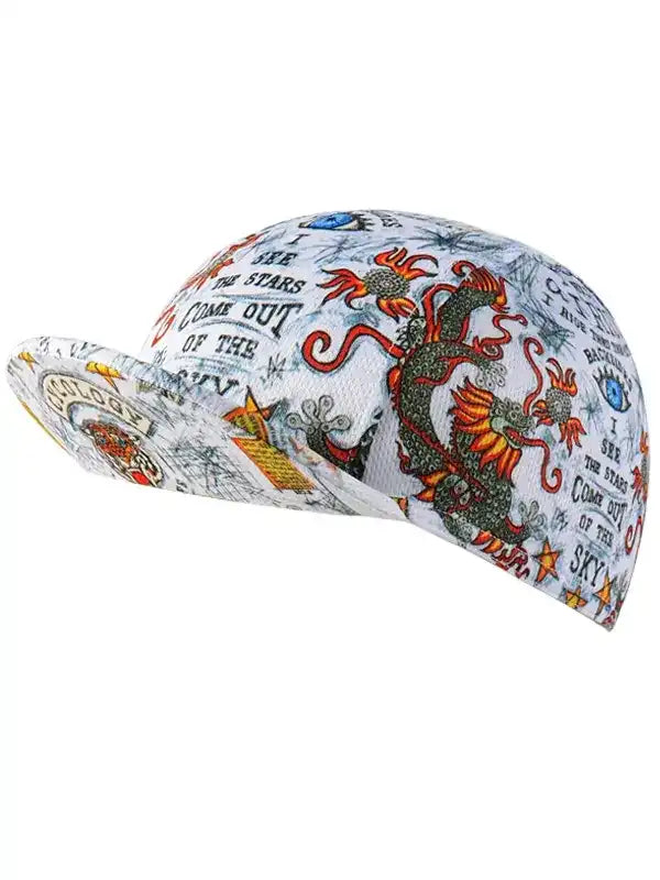 Dragon print cycling cap with 'I see the stars' text, ideal for men's and women's bike rides