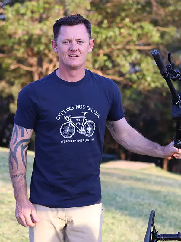 Cycling Nostalgia Mens Navy Cycling T Shirt on model |Cycology AUS