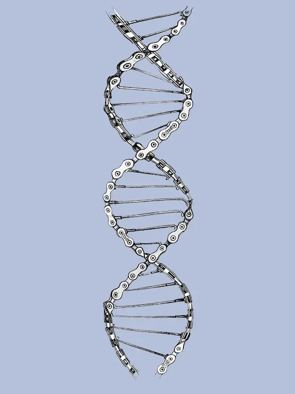 DNA double helix made of interlocking gears on a light blue background