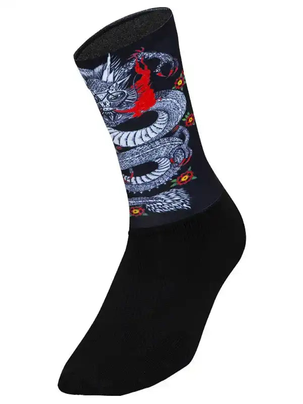 Black cycling sock with bold dragon and floral design, ideal for men's and women's bike rides