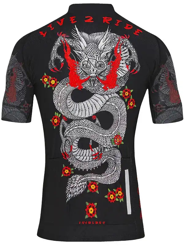 Men's cycling jersey with dragon graphic, red flames, and 'LIVE 2 RIDE' text on back