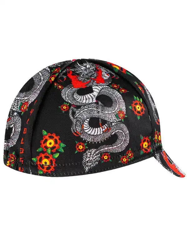 Black cycling cap with dragon and floral print, ideal for men's and women's bike rides