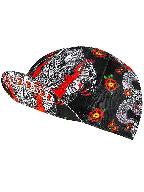 Cycling cap with dragon and floral design, bold red accents, ideal for bike rides
